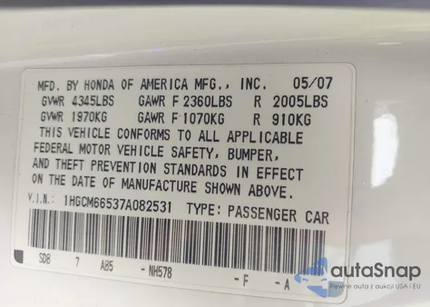 2007 Honda Accord 3.0 Ex from USA, damaged, VIN 1HGCM66537A082531